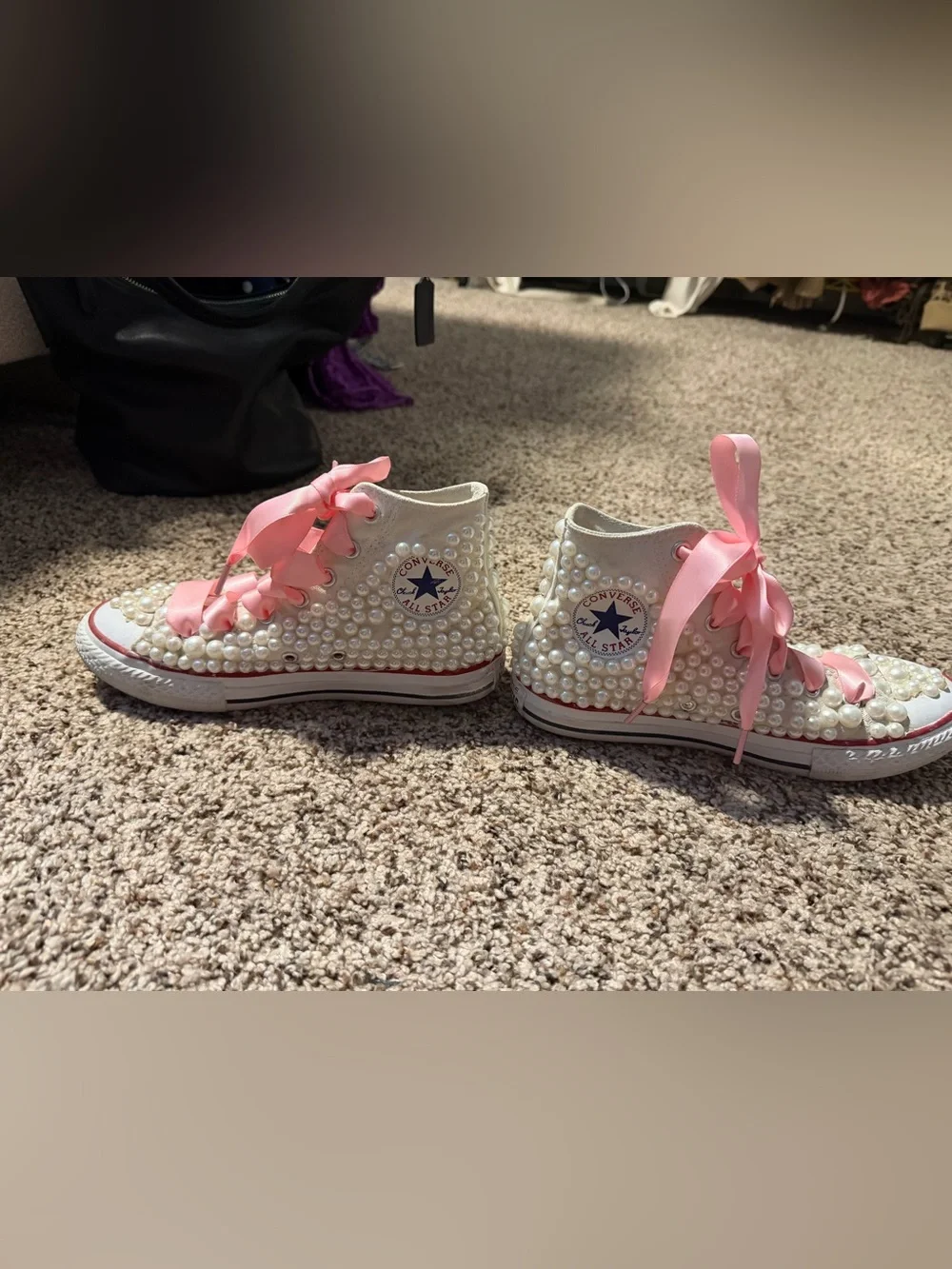 Converse Customized Pearls Kids Pink Sequined Slip-On Shoes Wedding